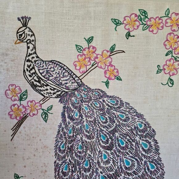 Hand Embroidered Peacock Art Hand Made . Home Decor Vintage - Picture 6 of 9